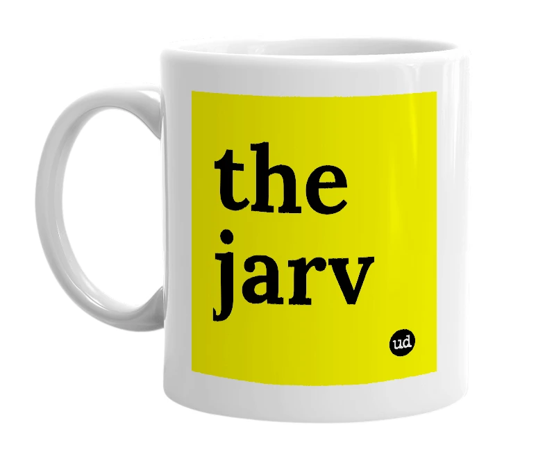 White mug with 'the jarv' in bold black letters