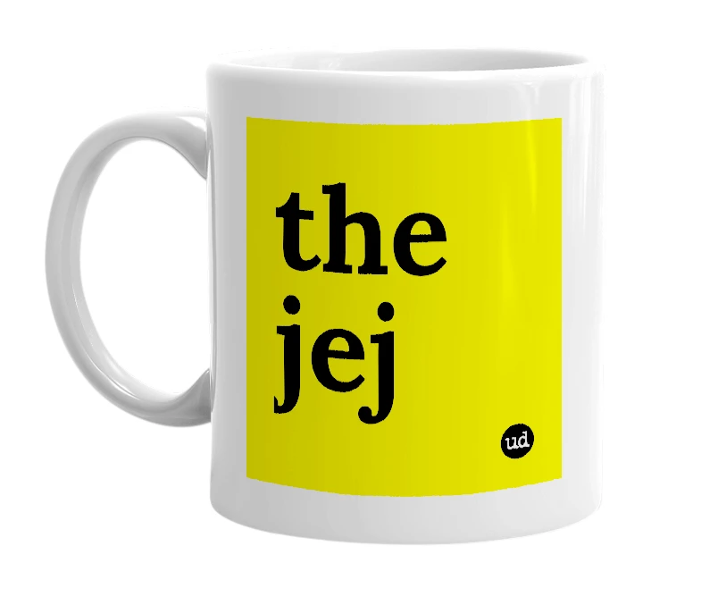 White mug with 'the jej' in bold black letters