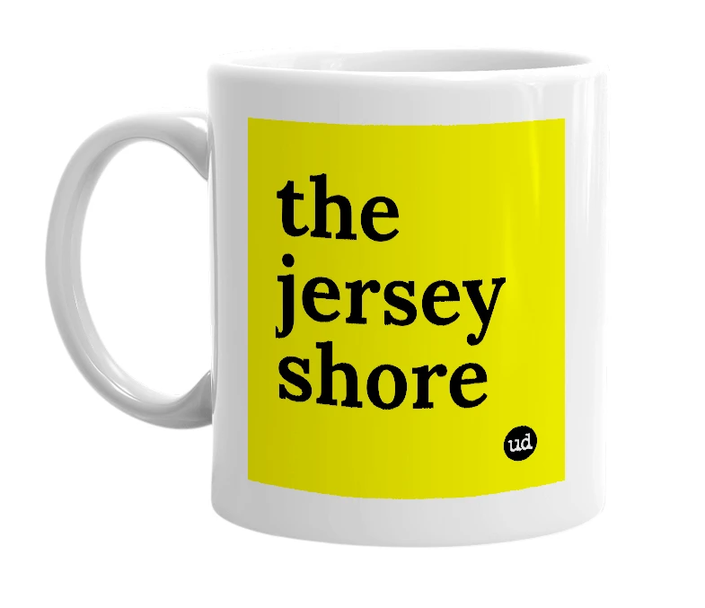 White mug with 'the jersey shore' in bold black letters