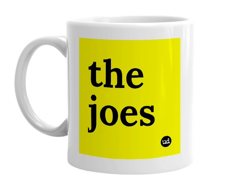 White mug with 'the joes' in bold black letters