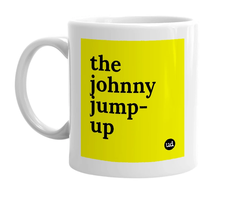 White mug with 'the johnny jump-up' in bold black letters