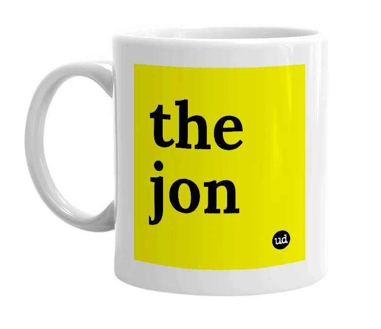 White mug with 'the jon' in bold black letters