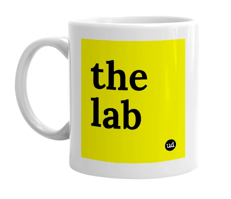 White mug with 'the lab' in bold black letters