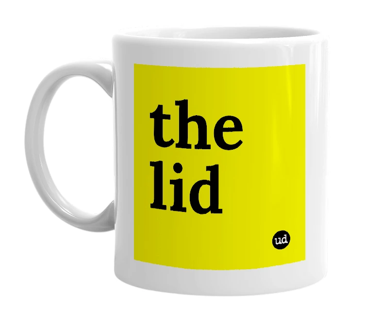 White mug with 'the lid' in bold black letters