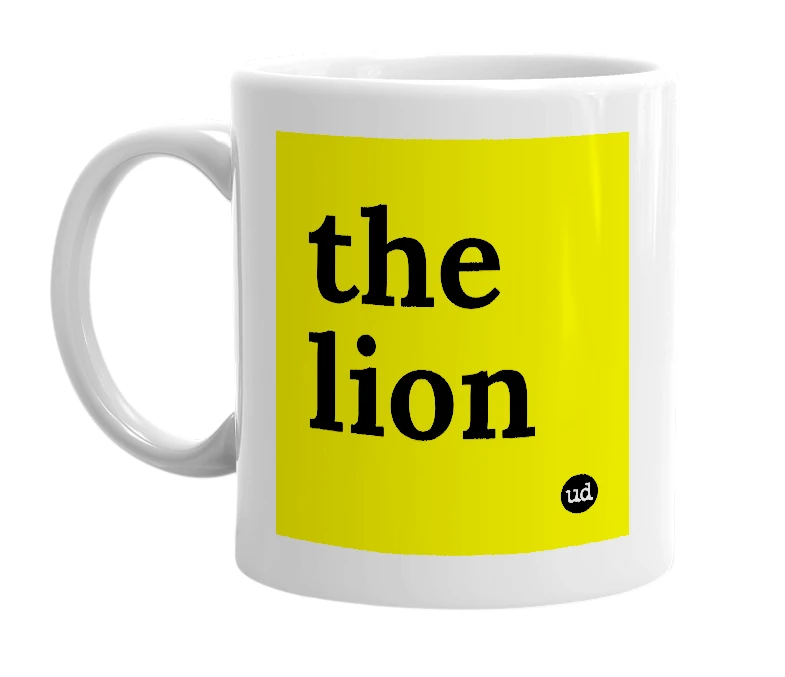 White mug with 'the lion' in bold black letters