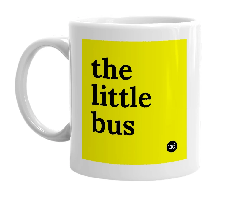 White mug with 'the little bus' in bold black letters