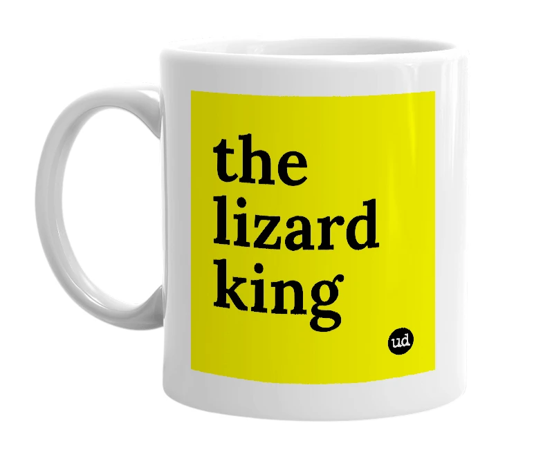 White mug with 'the lizard king' in bold black letters