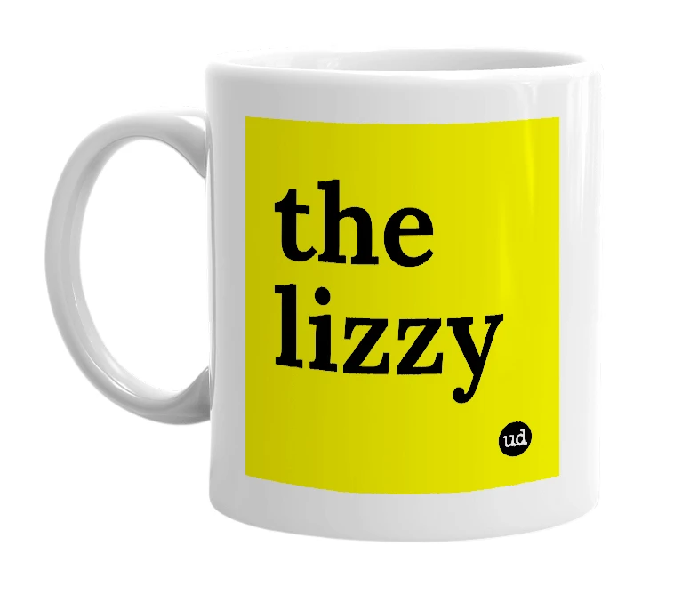 White mug with 'the lizzy' in bold black letters