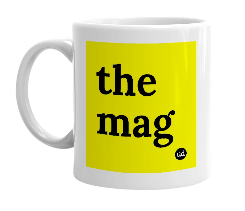 White mug with 'the mag' in bold black letters