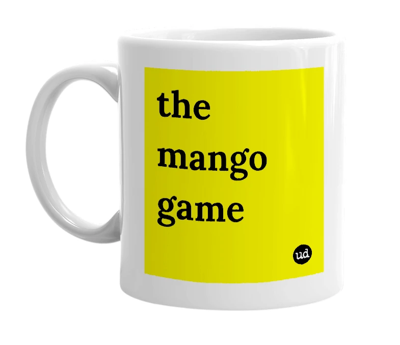 White mug with 'the mango game' in bold black letters