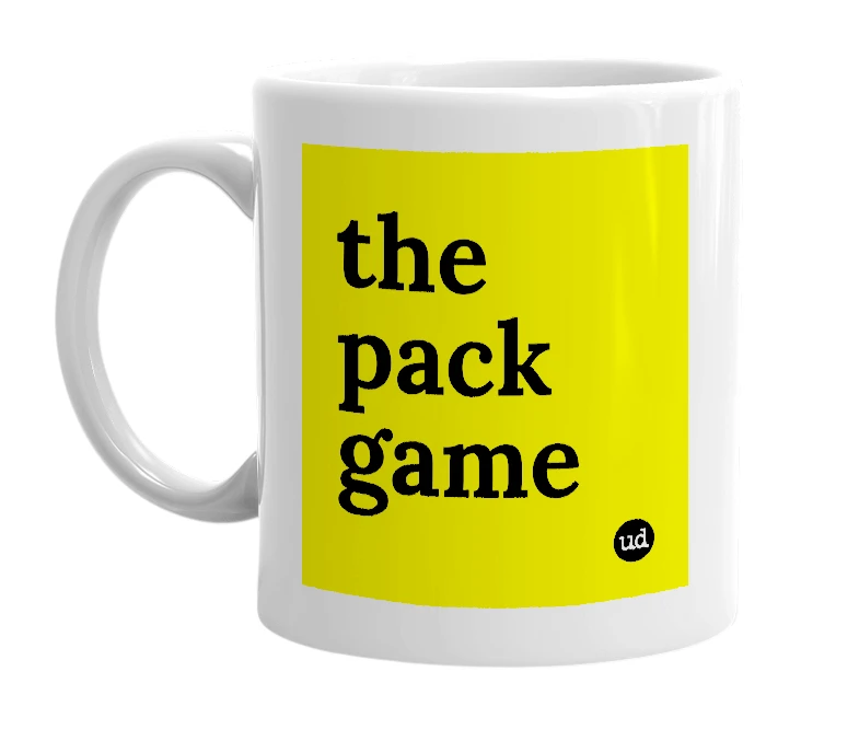 White mug with 'the pack game' in bold black letters