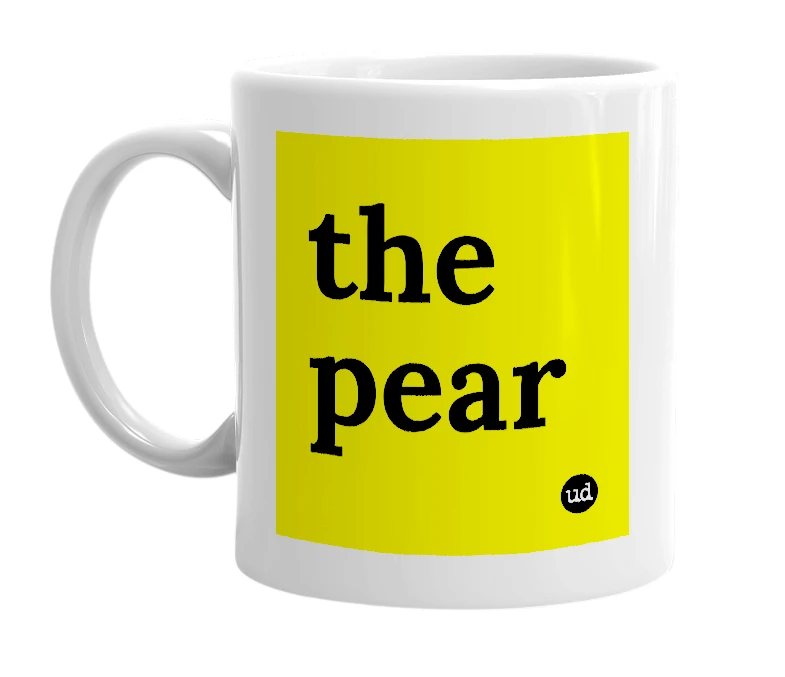 White mug with 'the pear' in bold black letters