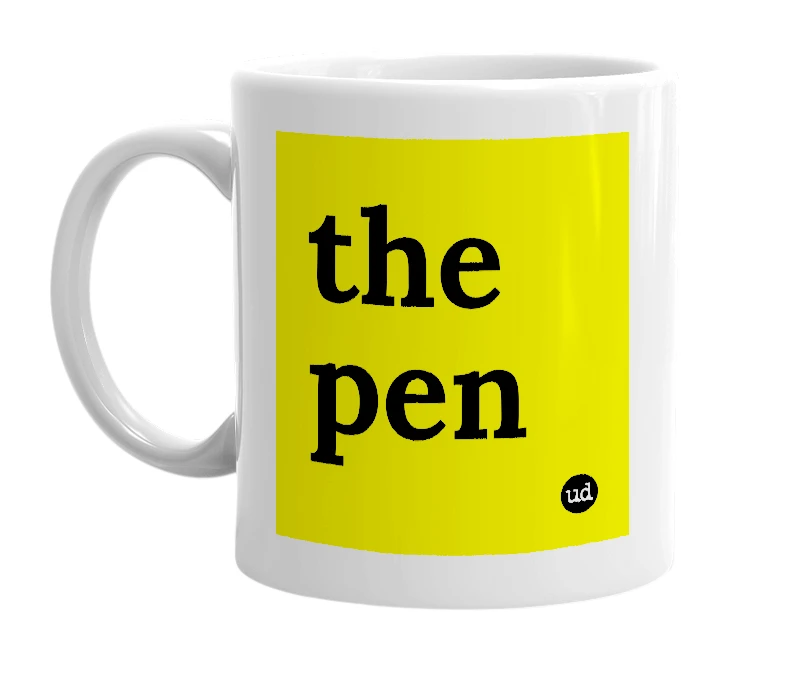 White mug with 'the pen' in bold black letters