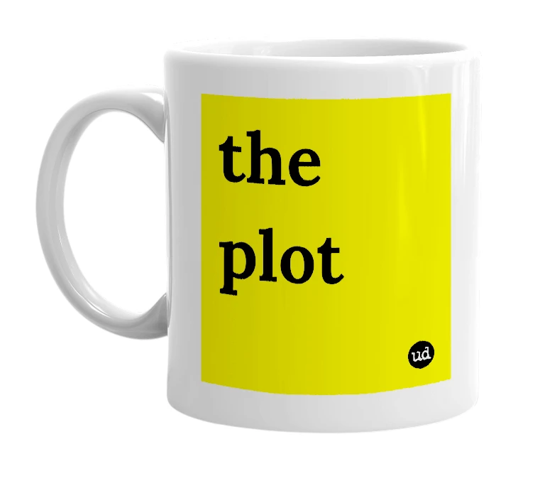 White mug with 'the plot' in bold black letters