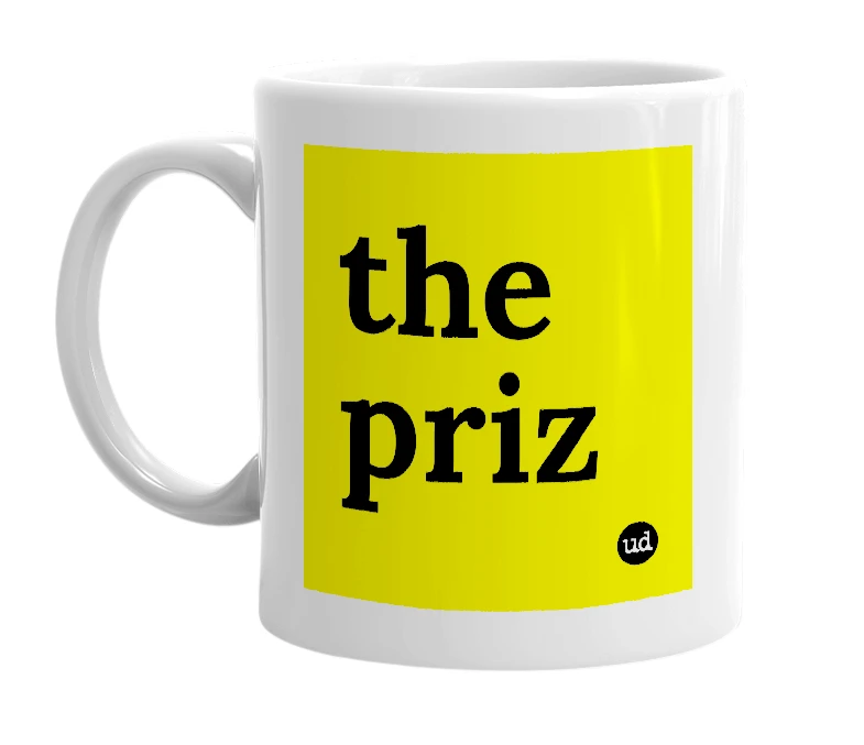 White mug with 'the priz' in bold black letters