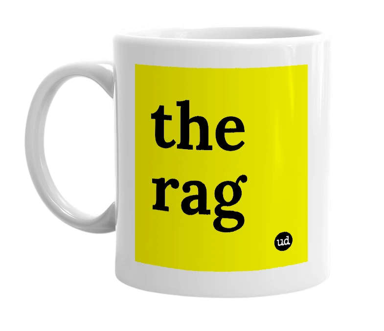 White mug with 'the rag' in bold black letters