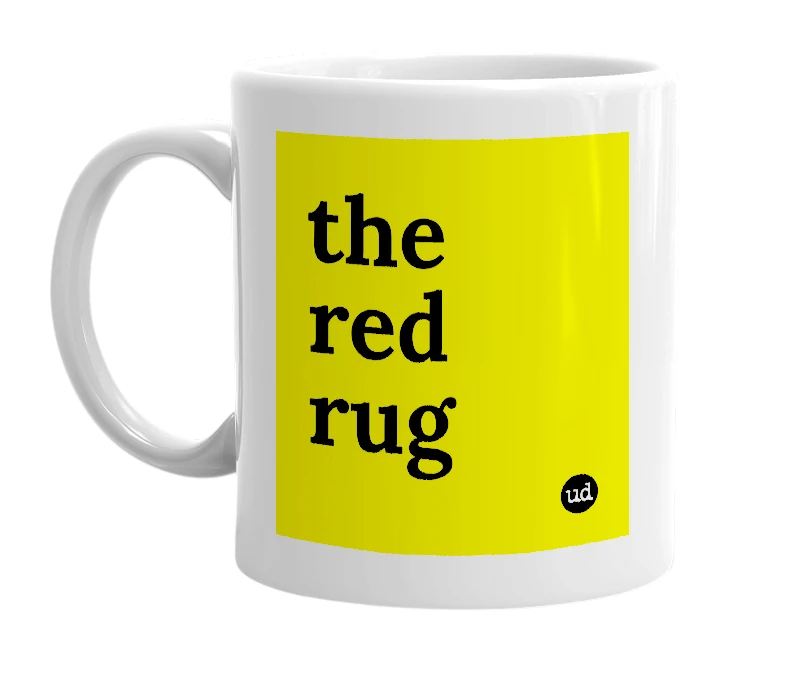 White mug with 'the red rug' in bold black letters