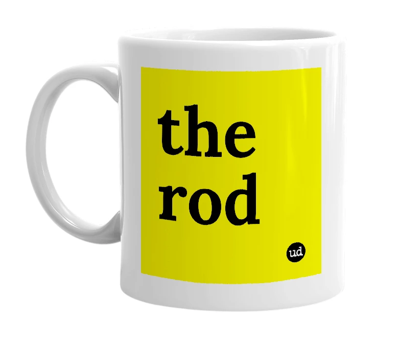 White mug with 'the rod' in bold black letters