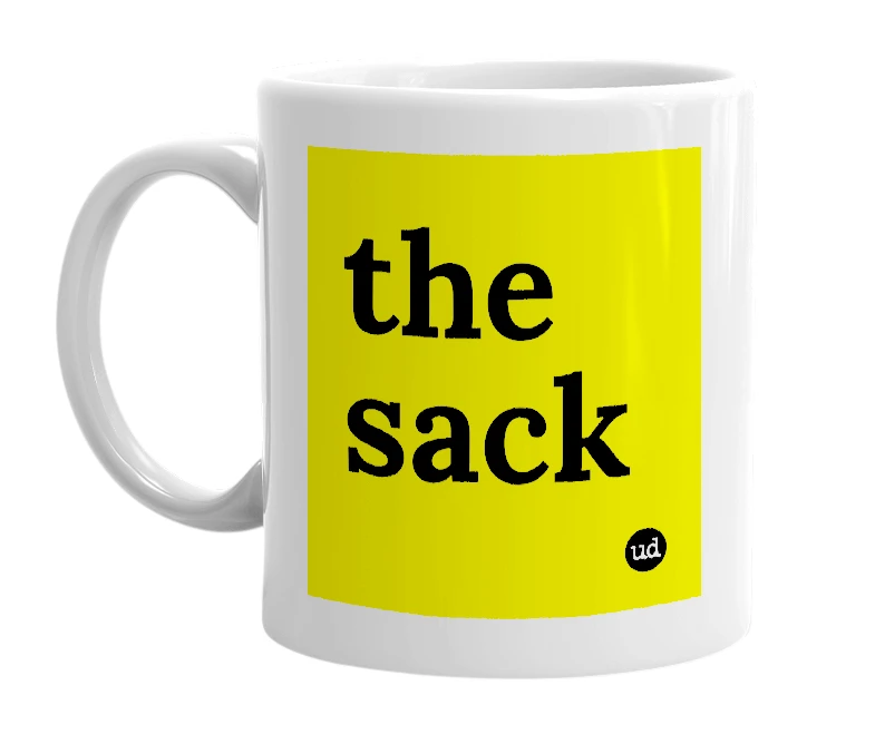 White mug with 'the sack' in bold black letters