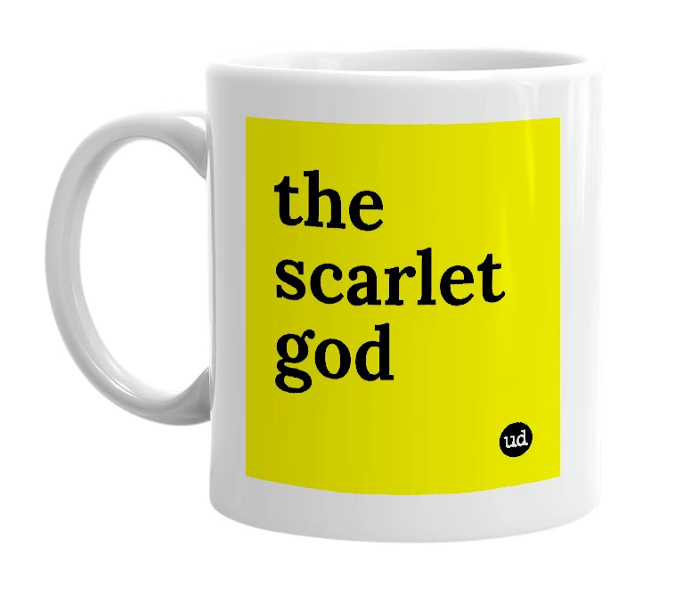 White mug with 'the scarlet god' in bold black letters