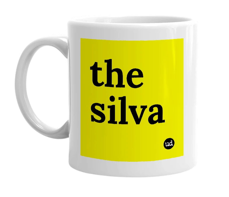 White mug with 'the silva' in bold black letters