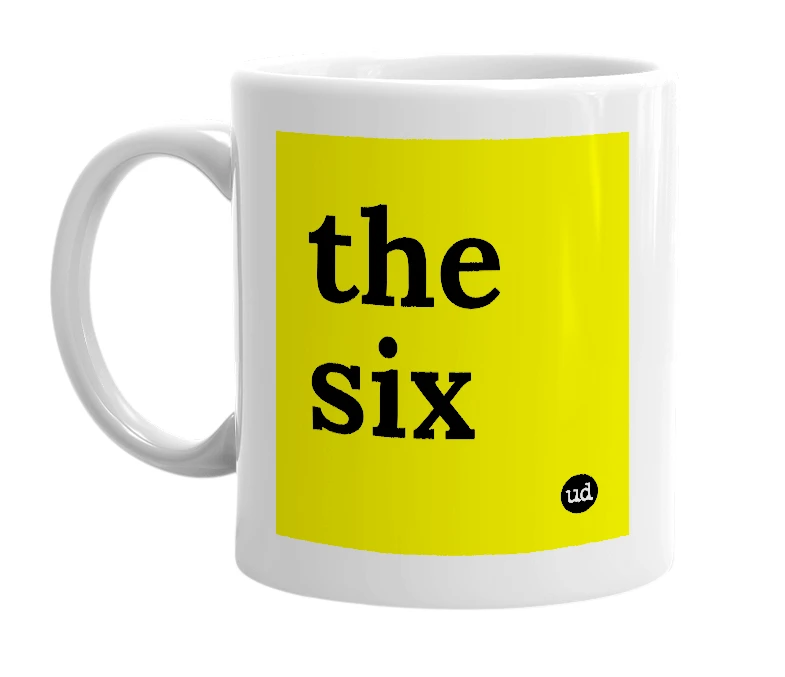 White mug with 'the six' in bold black letters