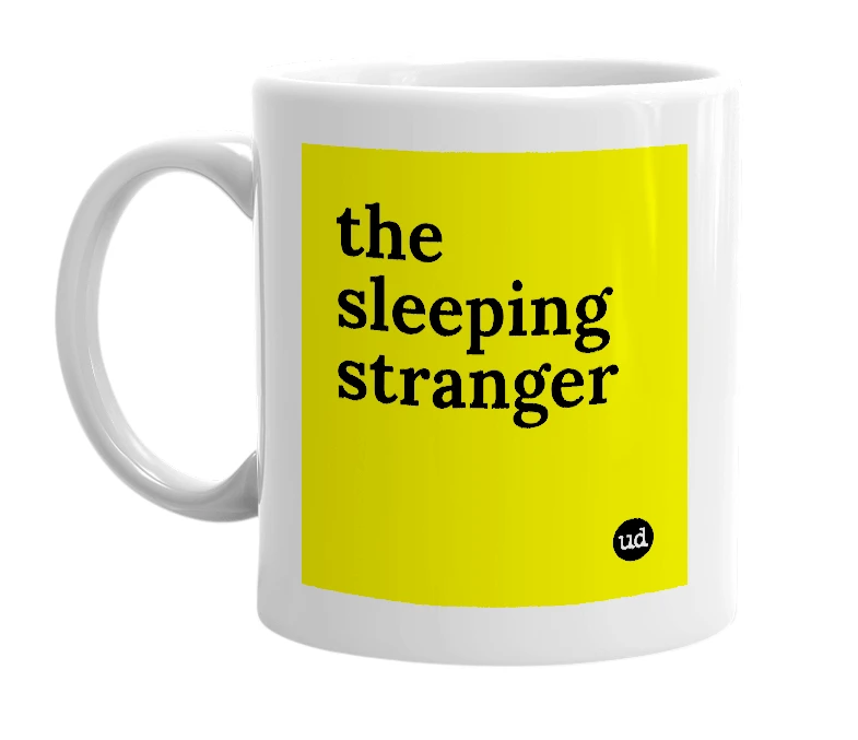 White mug with 'the sleeping stranger' in bold black letters