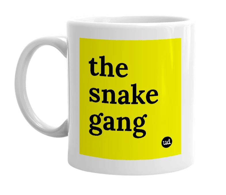 White mug with 'the snake gang' in bold black letters