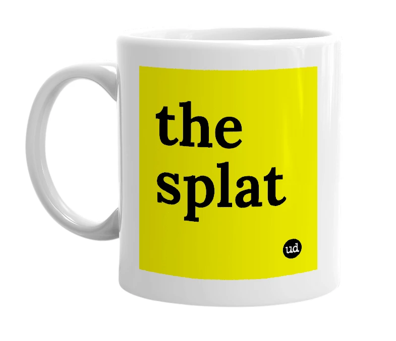 White mug with 'the splat' in bold black letters