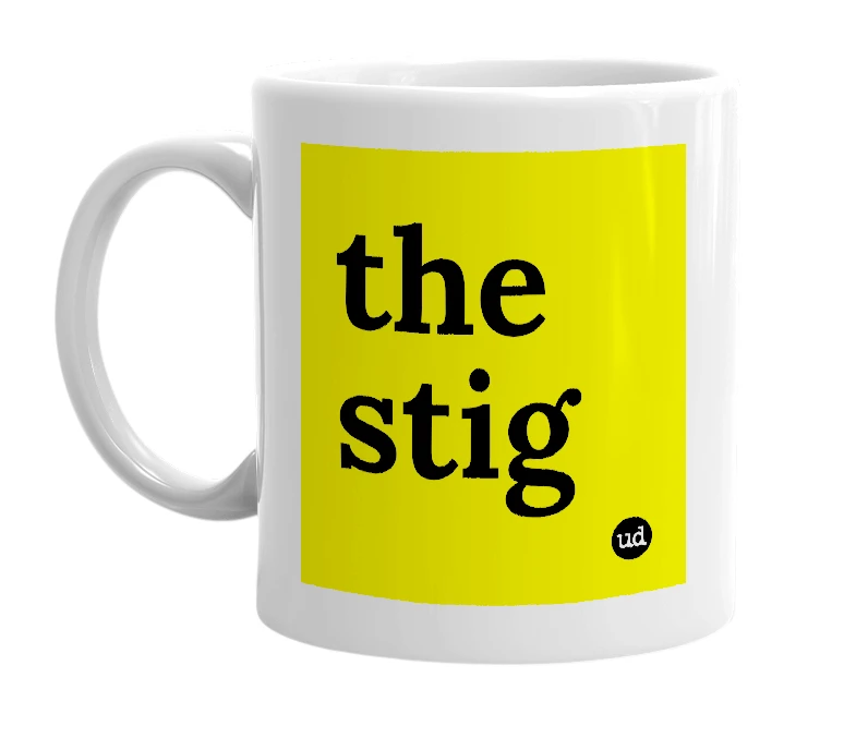 White mug with 'the stig' in bold black letters