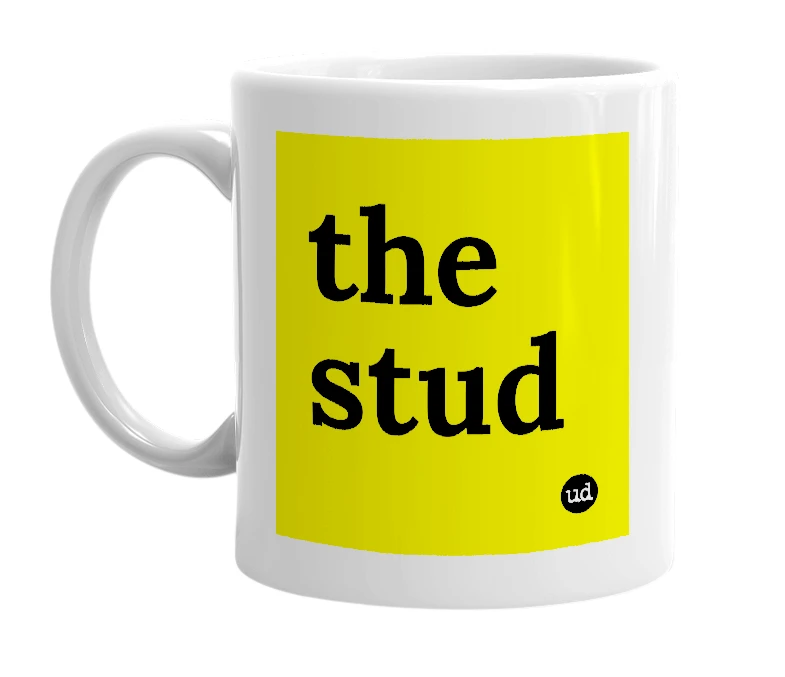 White mug with 'the stud' in bold black letters