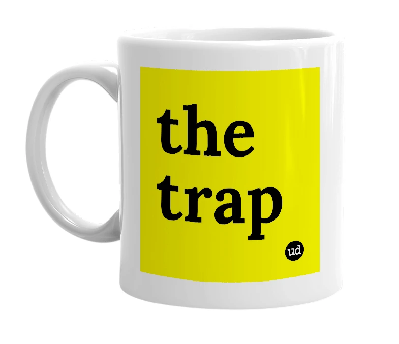 White mug with 'the trap' in bold black letters
