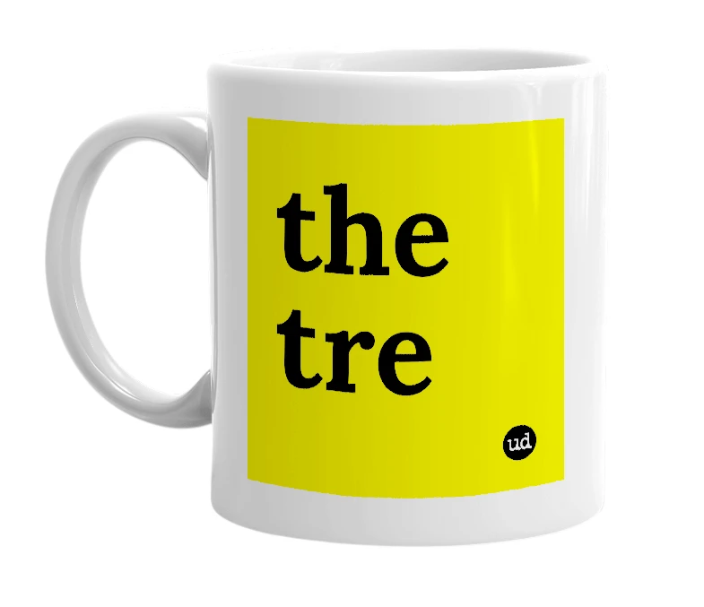White mug with 'the tre' in bold black letters