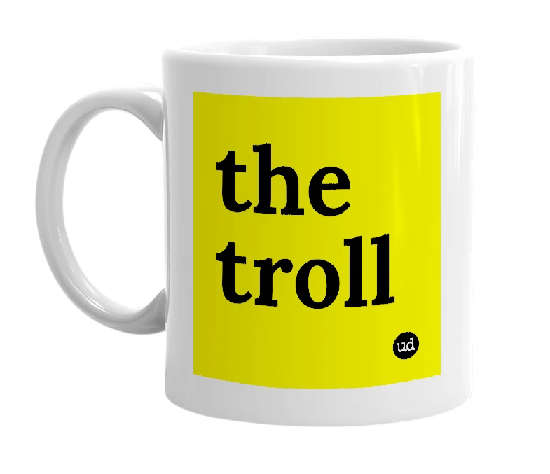 White mug with 'the troll' in bold black letters