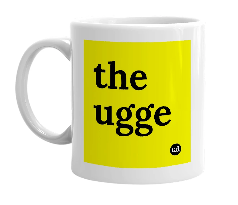 White mug with 'the ugge' in bold black letters