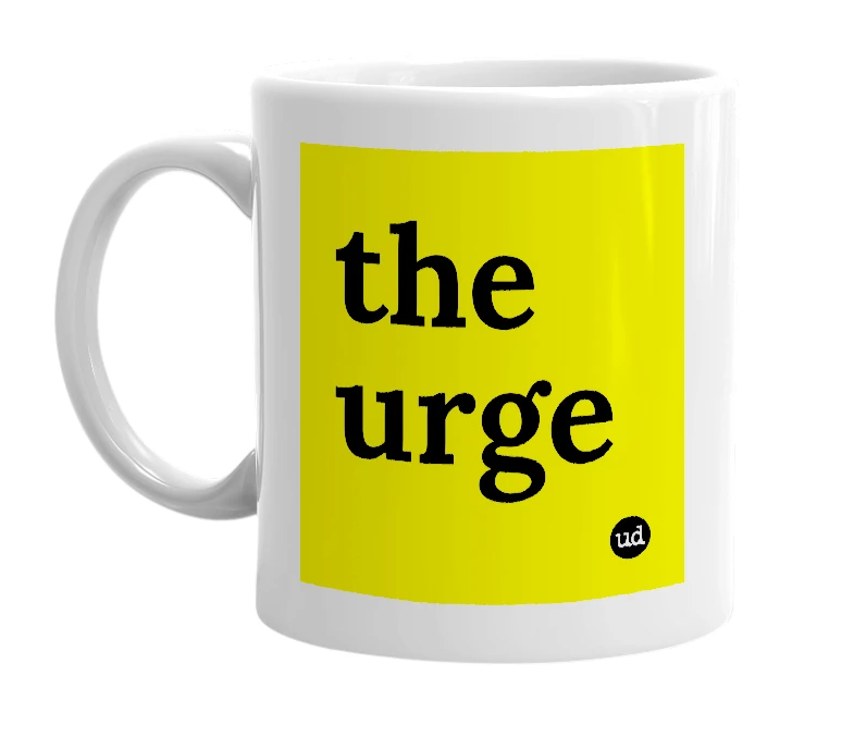 White mug with 'the urge' in bold black letters