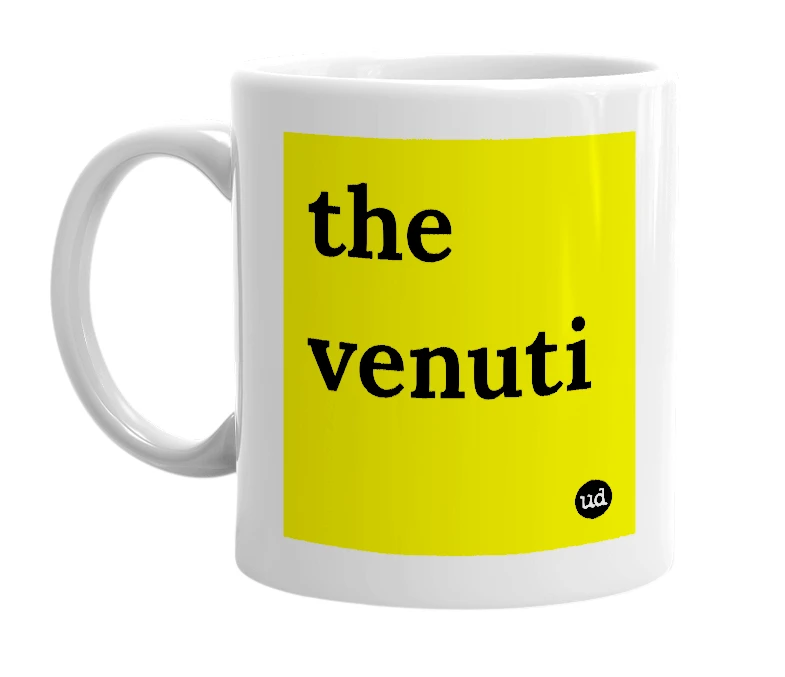 White mug with 'the venuti' in bold black letters