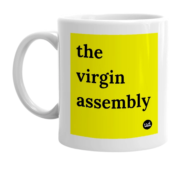 White mug with 'the virgin assembly' in bold black letters