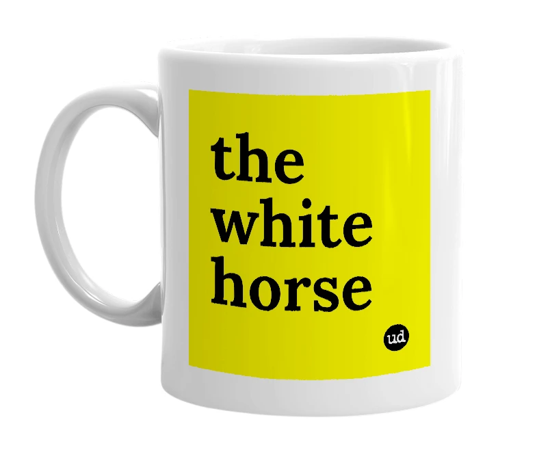 White mug with 'the white horse' in bold black letters