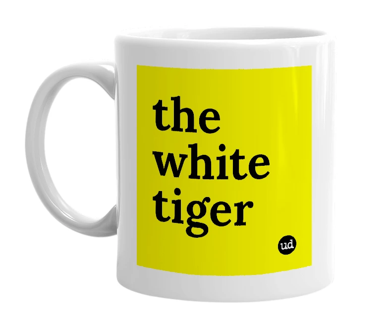 White mug with 'the white tiger' in bold black letters