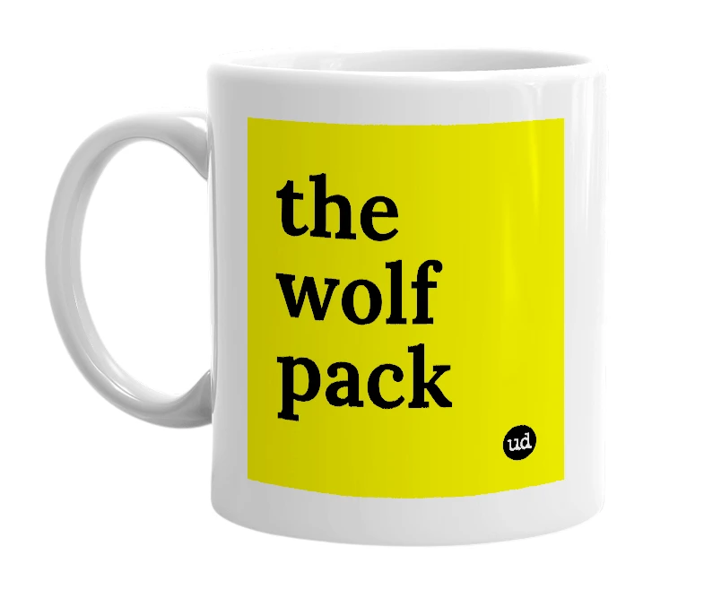 White mug with 'the wolf pack' in bold black letters