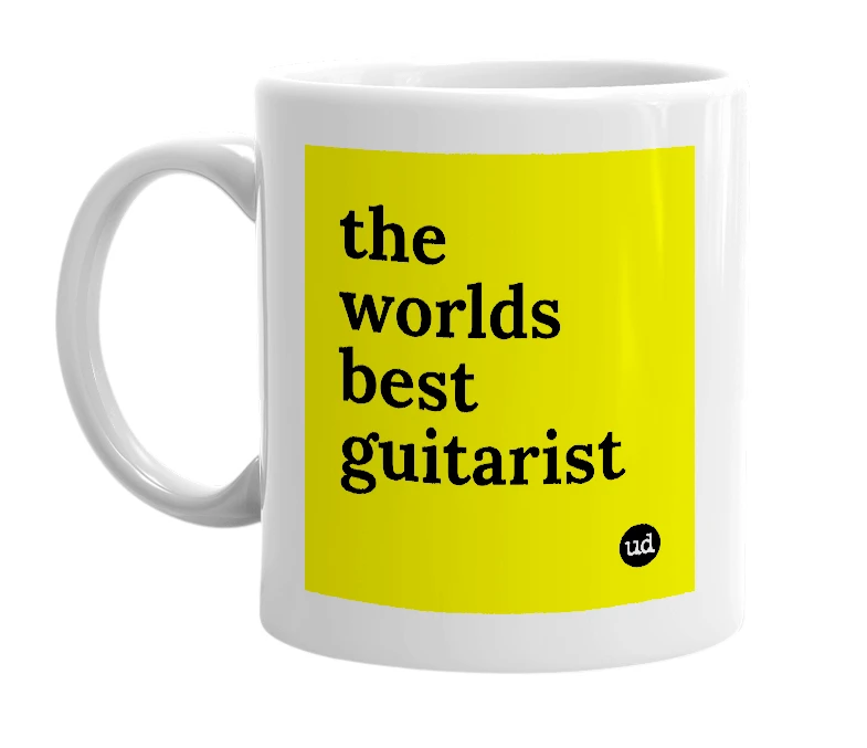 White mug with 'the worlds best guitarist' in bold black letters