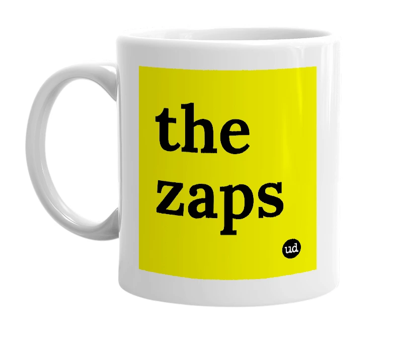 White mug with 'the zaps' in bold black letters