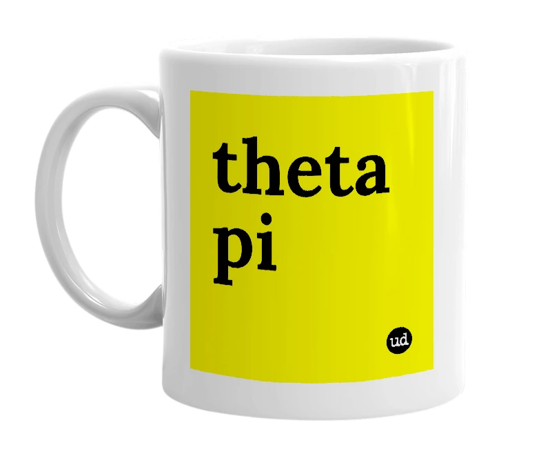 White mug with 'theta pi' in bold black letters