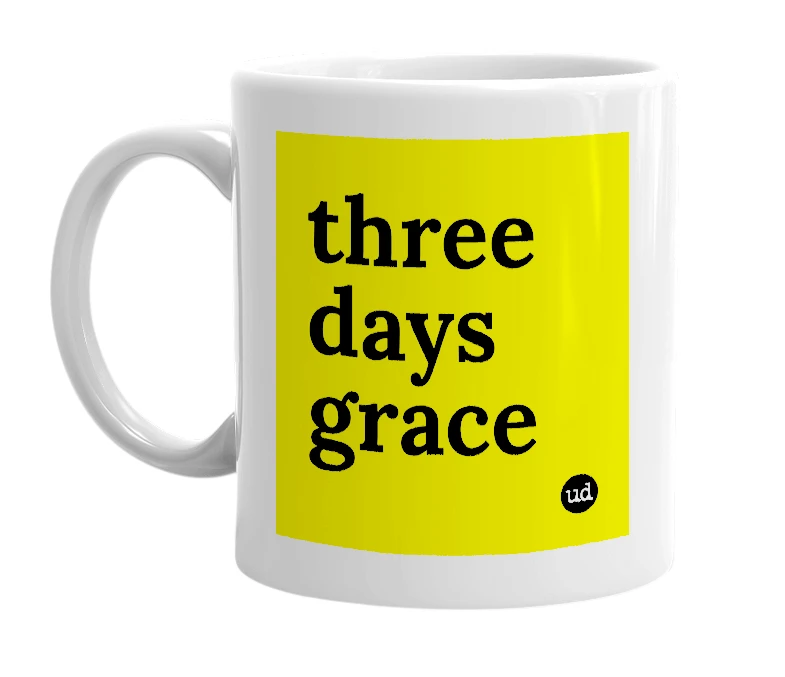 White mug with 'three days grace' in bold black letters