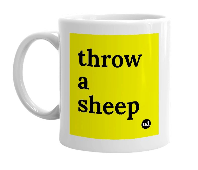 White mug with 'throw a sheep' in bold black letters
