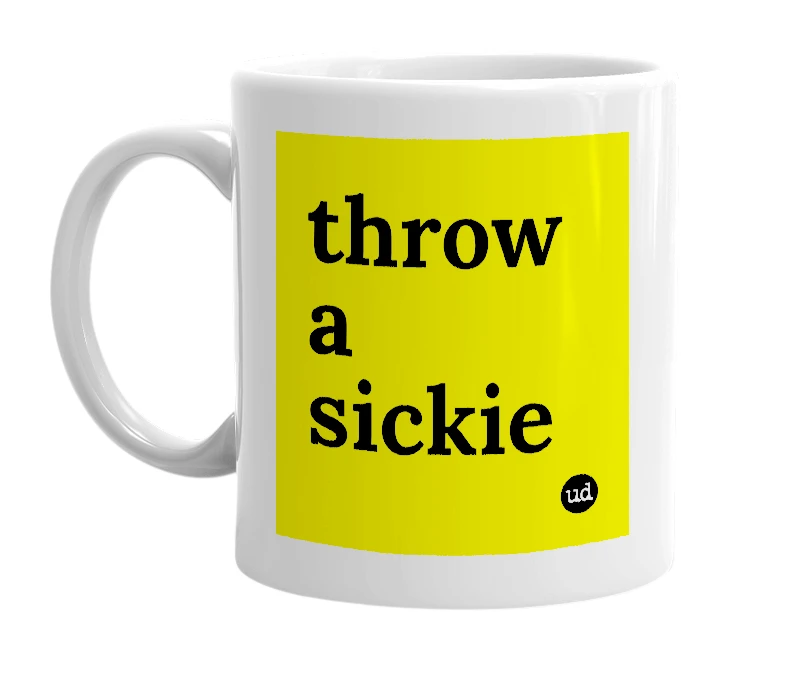 White mug with 'throw a sickie' in bold black letters