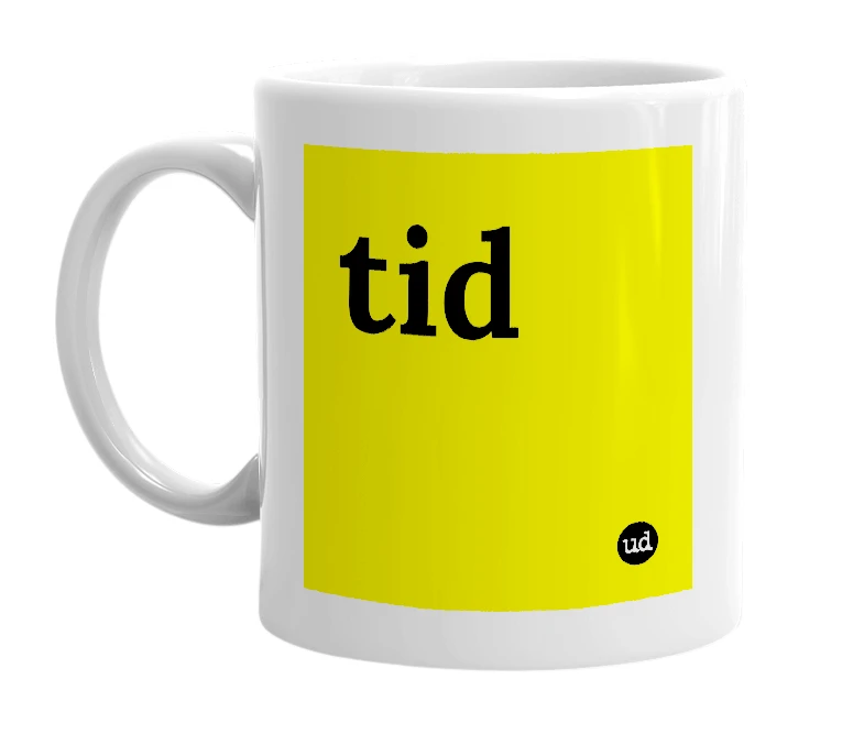 White mug with 'tid' in bold black letters
