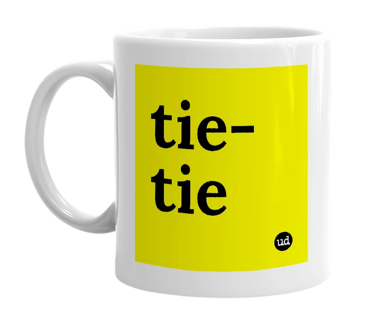White mug with 'tie-tie' in bold black letters