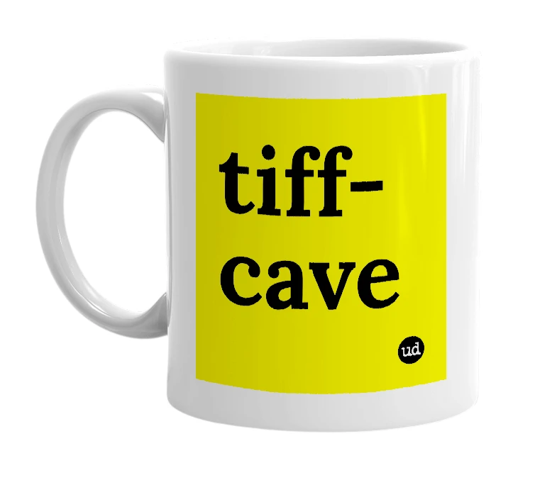 White mug with 'tiff-cave' in bold black letters